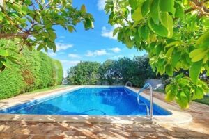 Outdoor swimming pool with blue water near the garden.